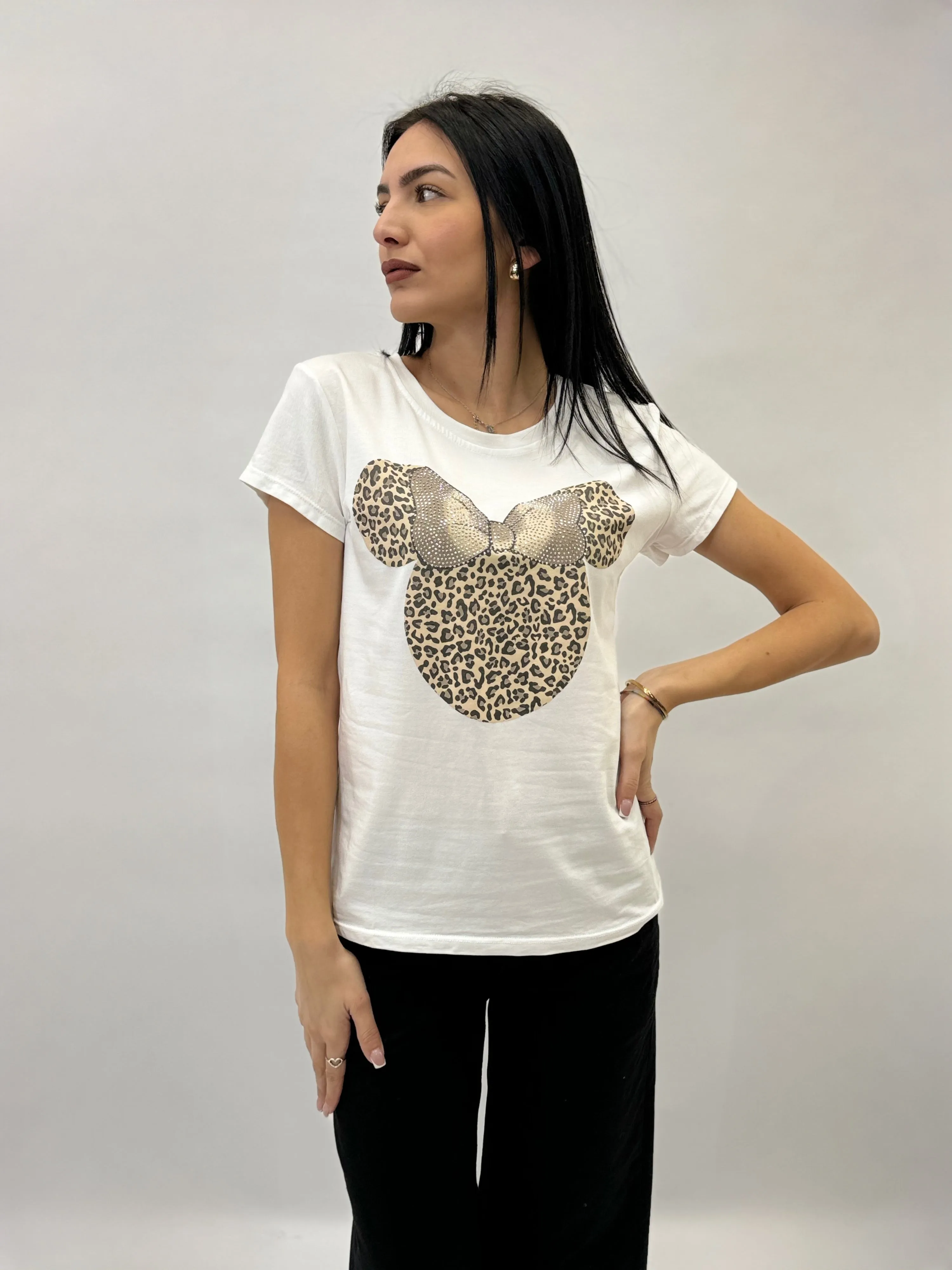 T-shirt in cotone stampa topolina con borchie