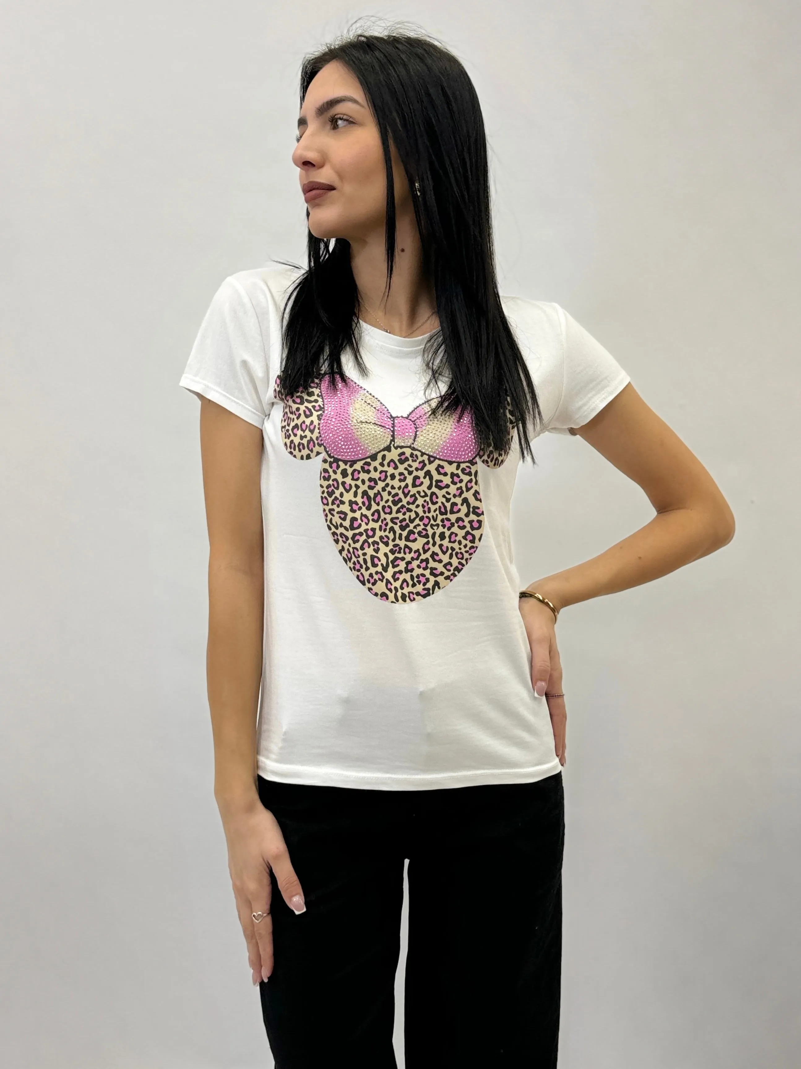 T-shirt in cotone stampa topolina con borchie