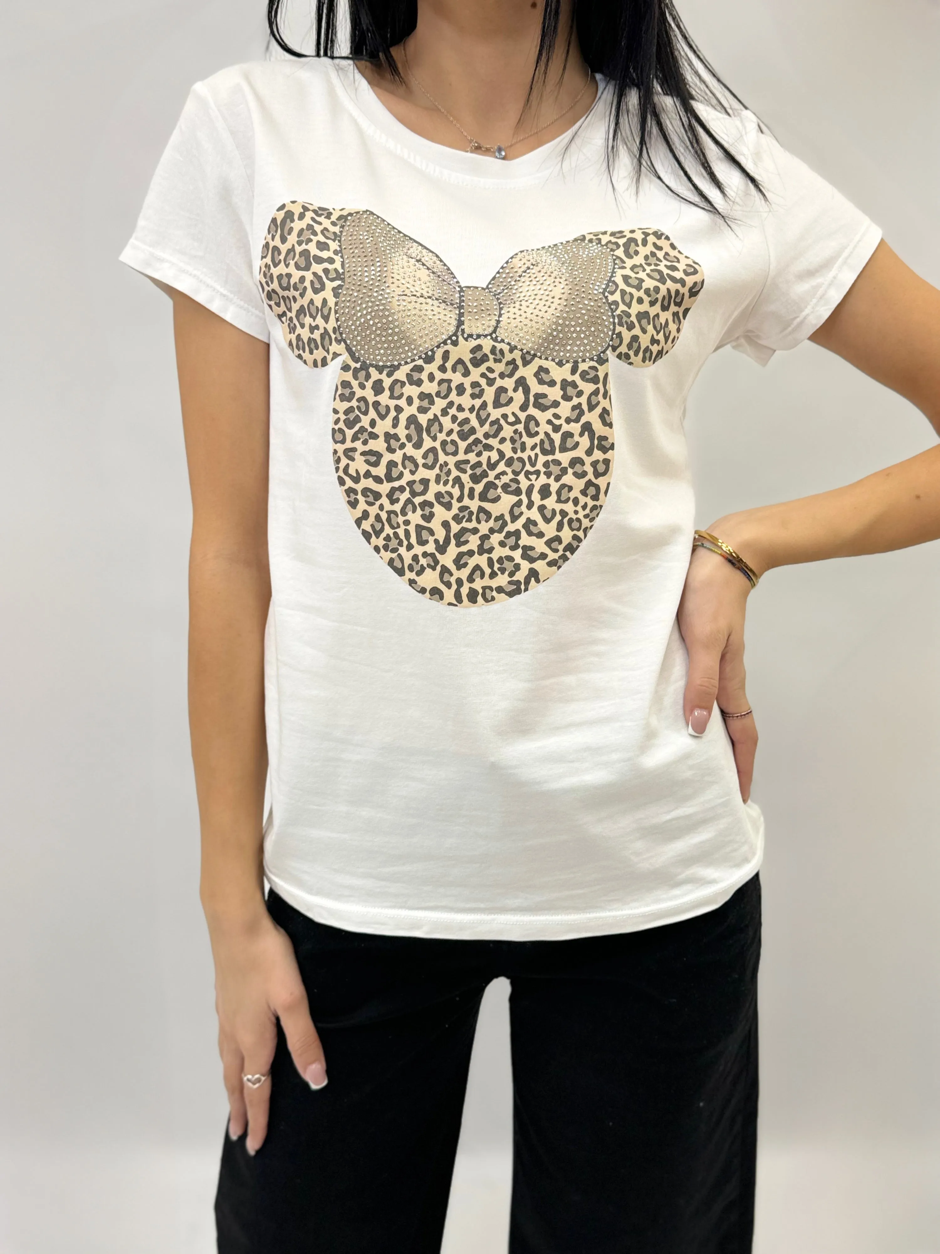 T-shirt in cotone stampa topolina con borchie