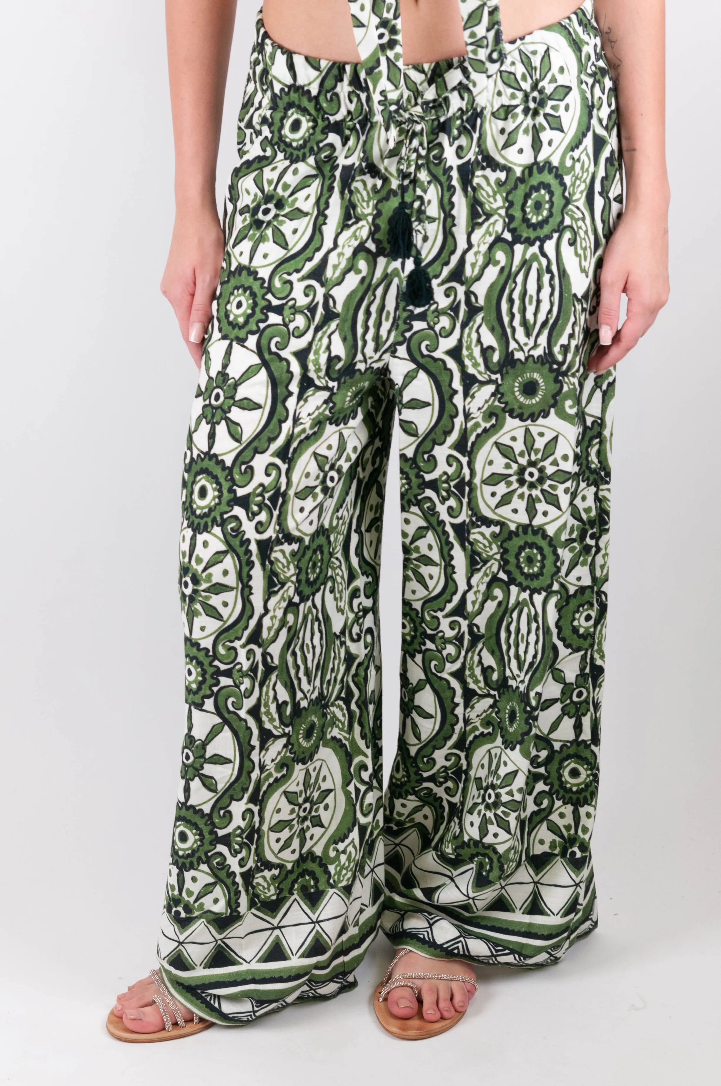 Tensione in - Pantalone fantasia astratta in misto lino con coulisse