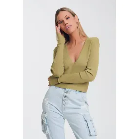 V Neck Ribbed Sweater in Green