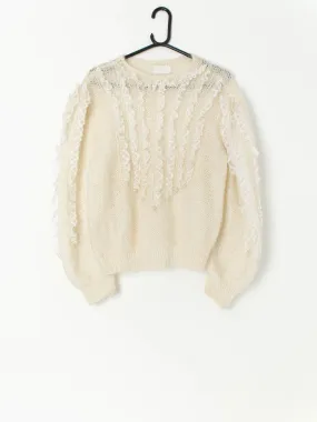 Vintage mohair knitted sweater with faux pearls and lace – Medium