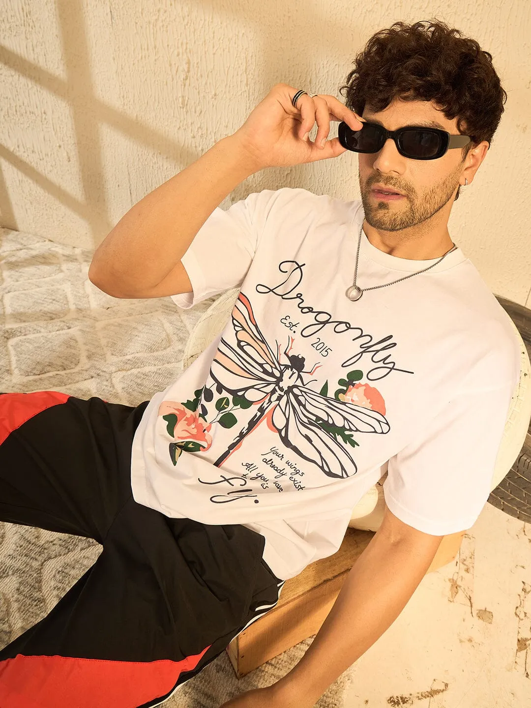 White Dragon Fly Oversized Graphic Tshirt