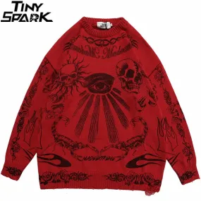 Xituodai 2022 Hip Hop Knitted Sweater Streetwear Rose Eye Scorpion Print Ripped Pullover Men Harajuku Cotton Casual Autumn Sweat