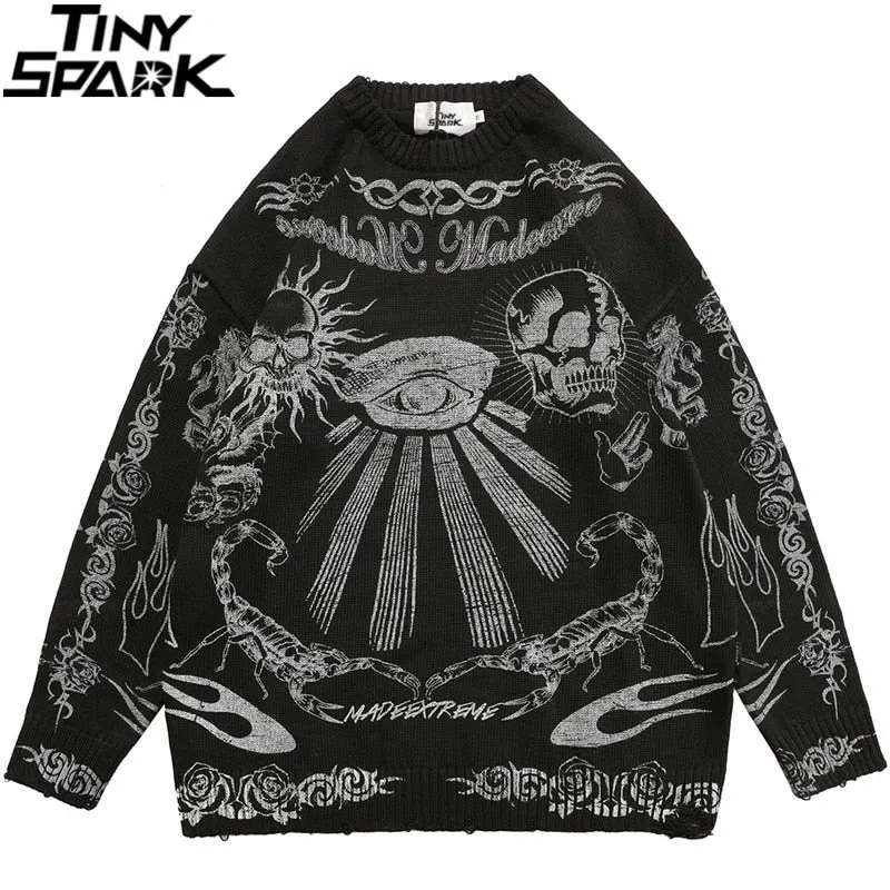 Xituodai 2022 Hip Hop Knitted Sweater Streetwear Rose Eye Scorpion Print Ripped Pullover Men Harajuku Cotton Casual Autumn Sweat