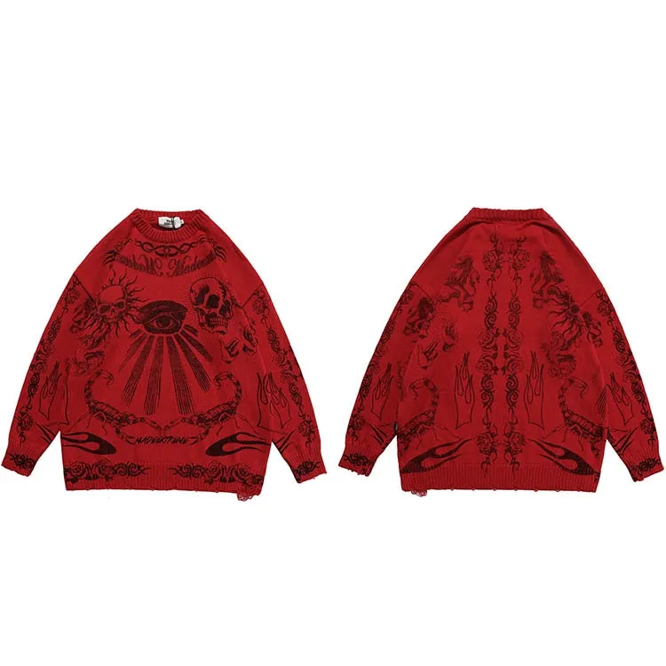 Xituodai 2022 Hip Hop Knitted Sweater Streetwear Rose Eye Scorpion Print Ripped Pullover Men Harajuku Cotton Casual Autumn Sweat