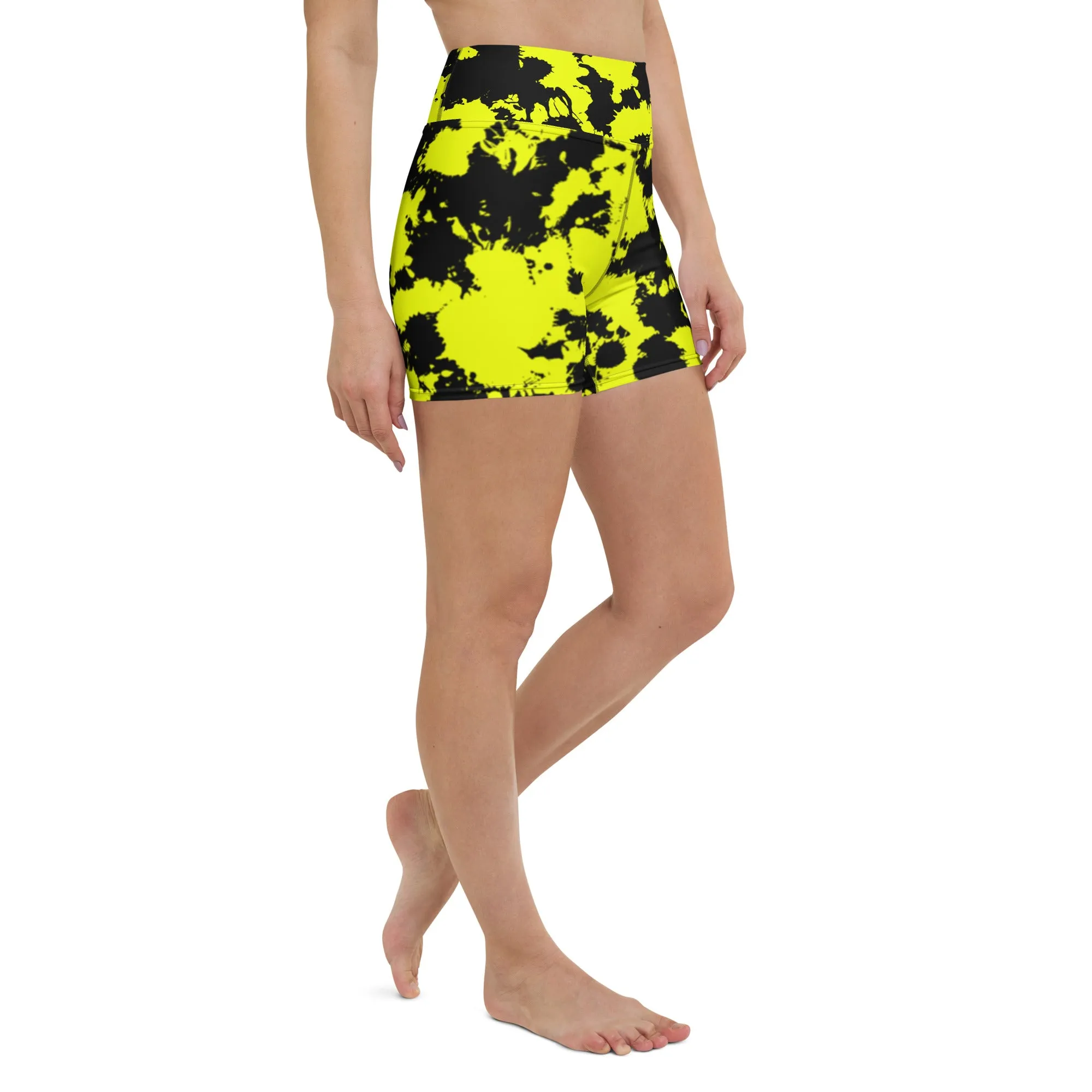 Yellow and Black Paint Splatter Rave Ready Yoga Shorts w/ Inside Pocket